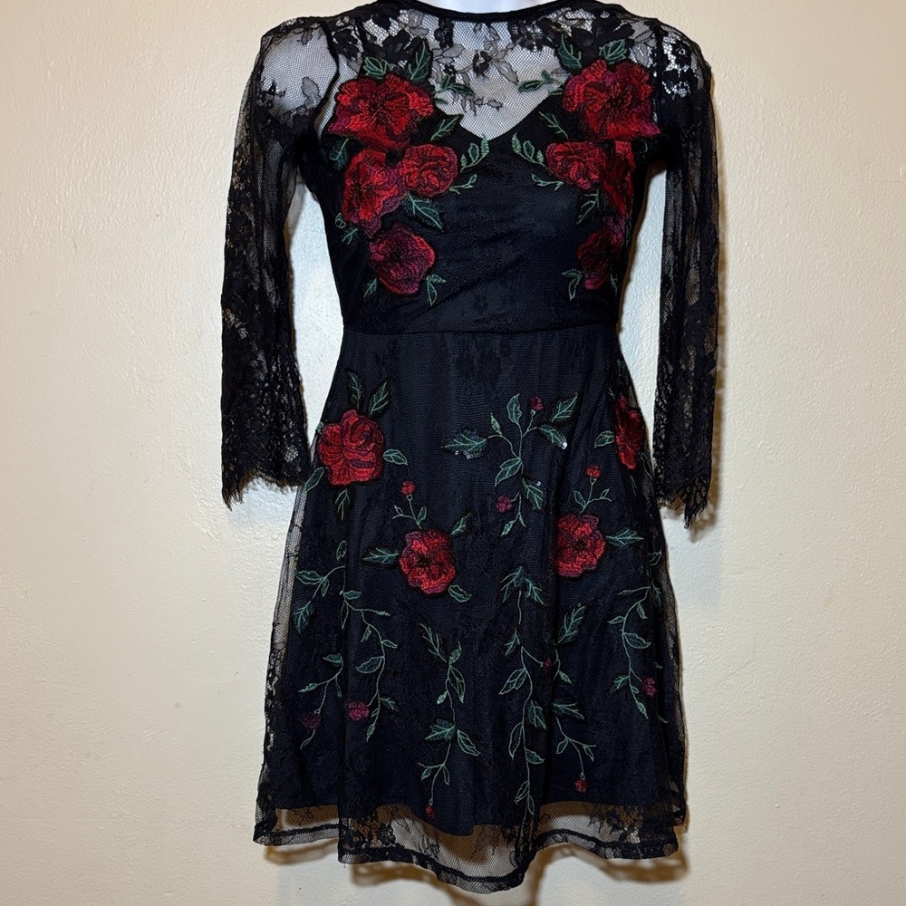 Express Black Dress with Red Floral Details